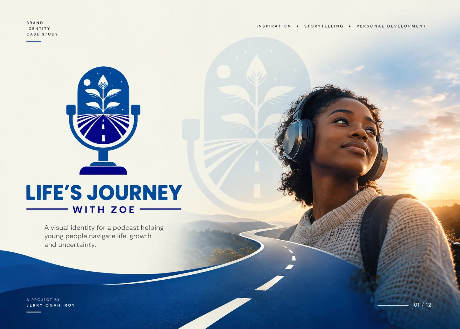 Life’s Journey — with Zoe podcast identity, featuring a microphone, path and growing plant